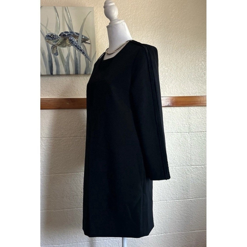 Banana Republic Shift Dress Women 4 Black Pom-Pom Trim Long Sleeve Professional - Picture 2 of 14